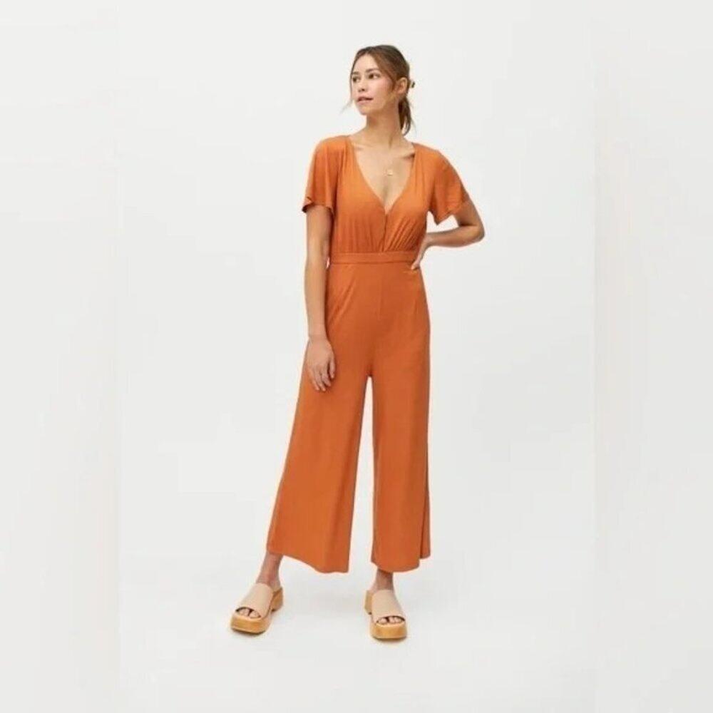 Allison + UO Orange Allison Wide Leg Ribbed Deep Plunge Backless Jumpsuit Medium